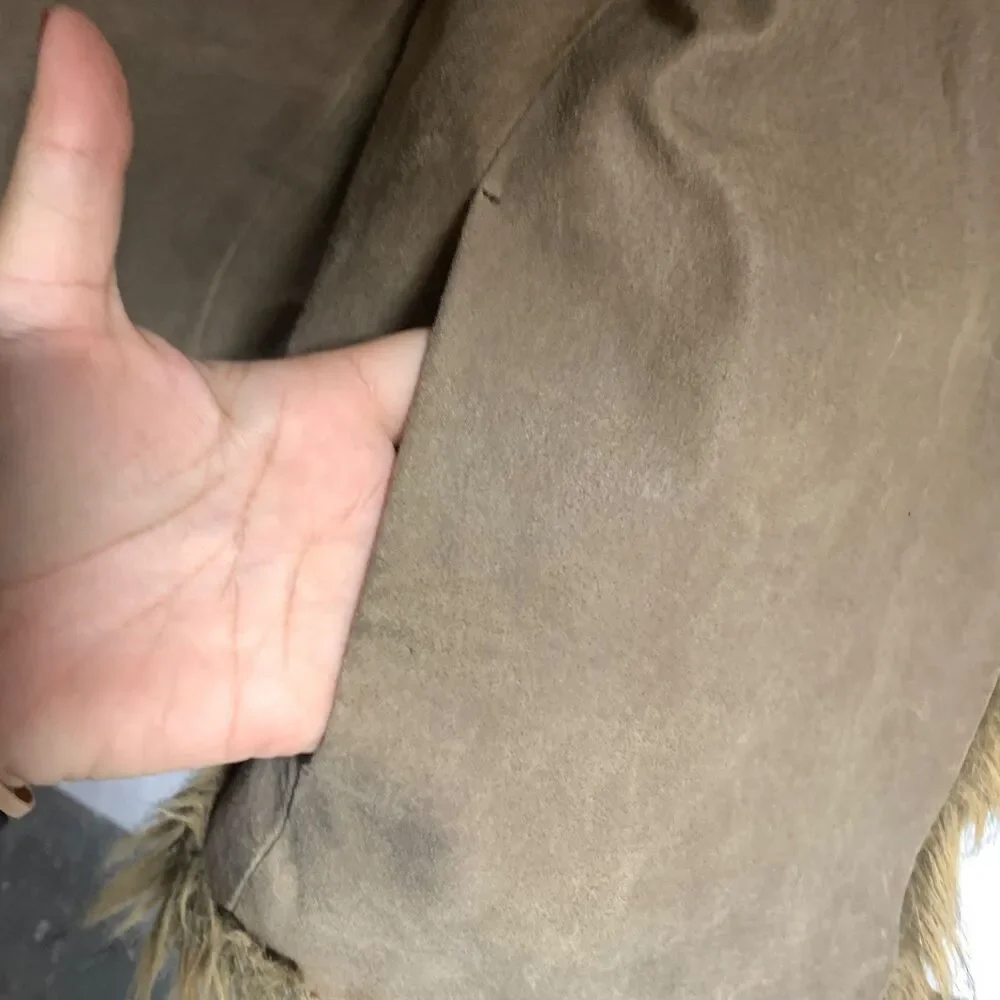 Vintage Newport News Leather Coat Womens M Brown Faux Fur Trim Y2K Boho - Picture 9 of 14